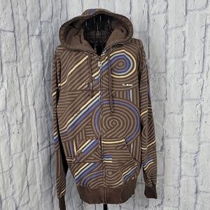 Billabong Brown and Blue Patterned Full‎ Zip Vintage Hoodie Medium